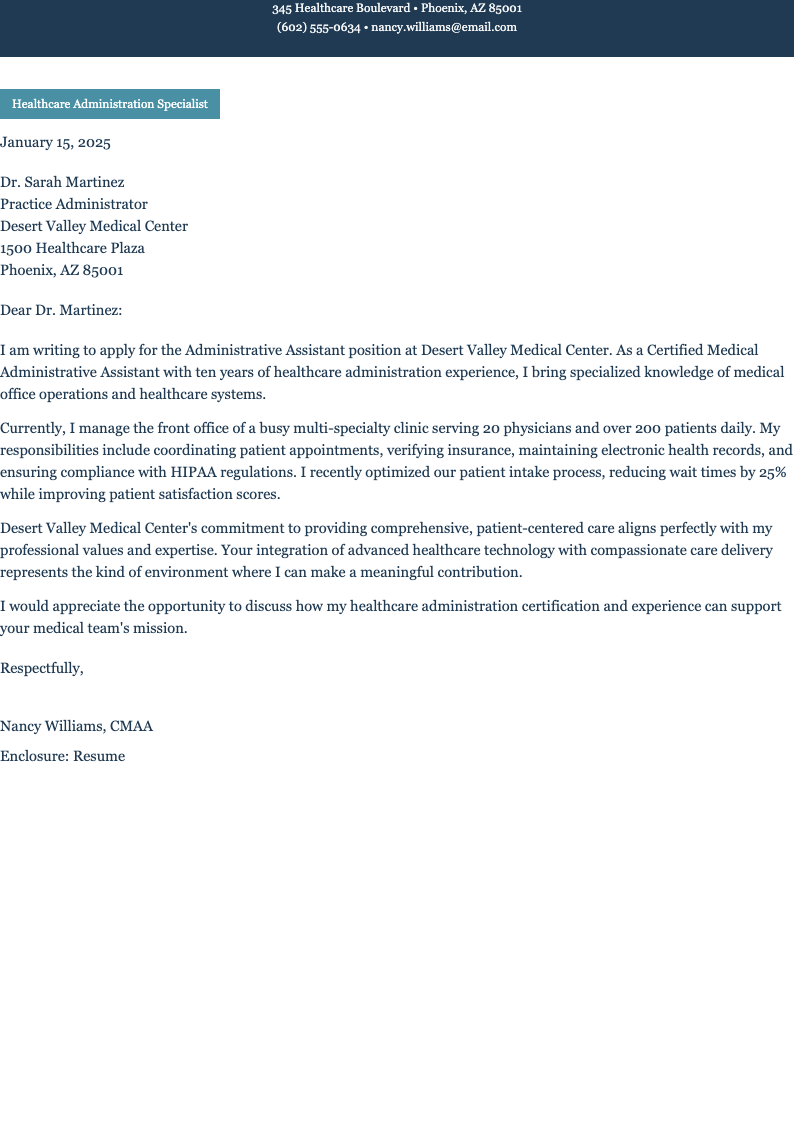 Industry specialist administrative assistant cover letter