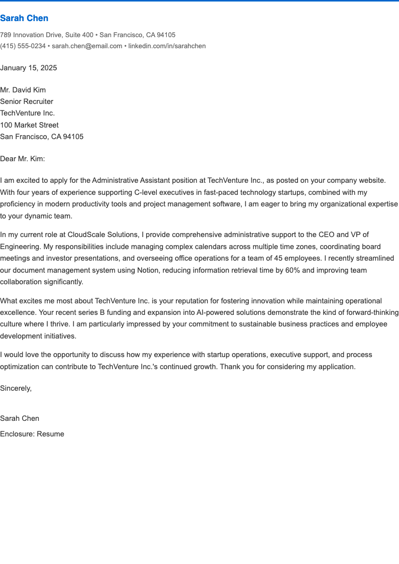 Modern minimalist administrative assistant cover letter