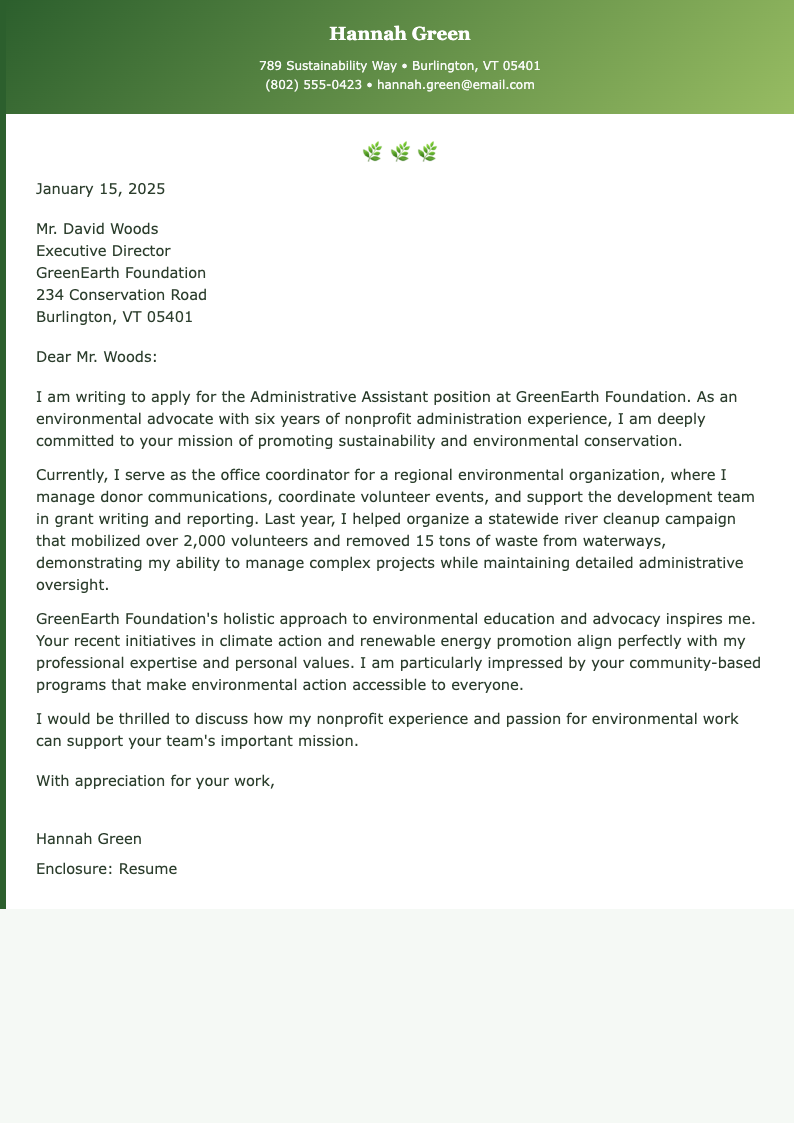 Nature inspired administrative assistant cover letter