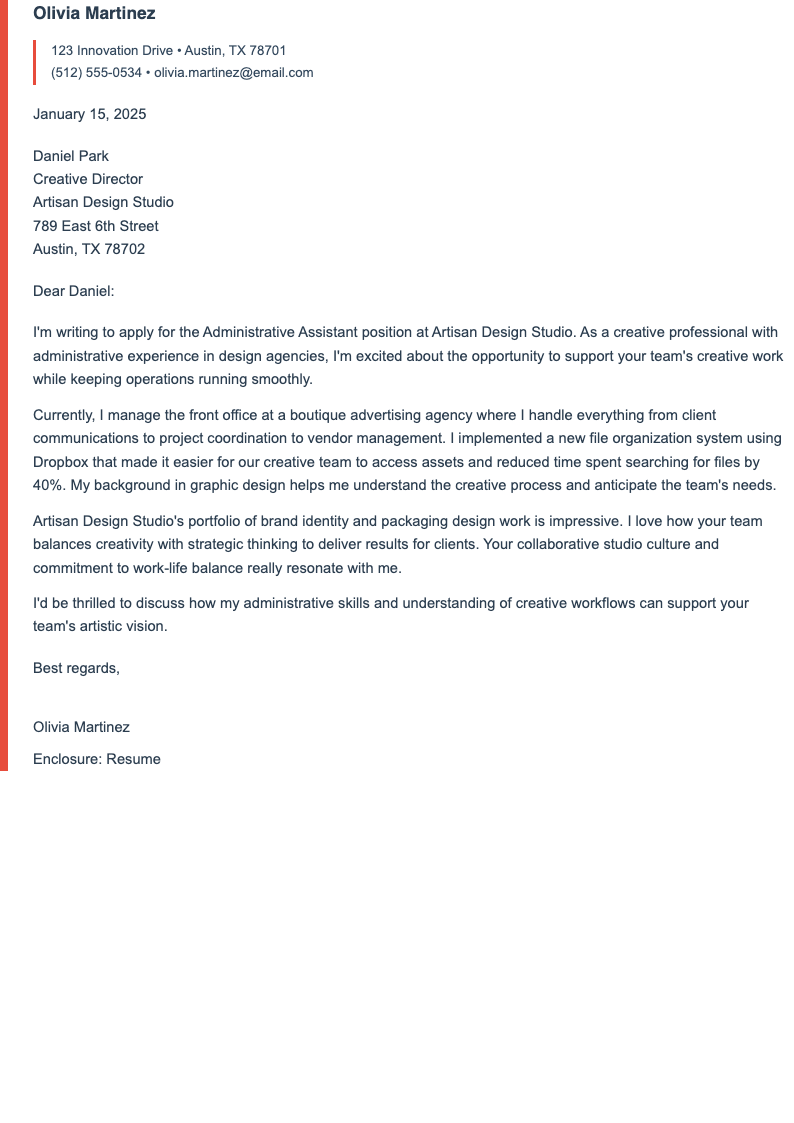 Side accent administrative assistant cover letter