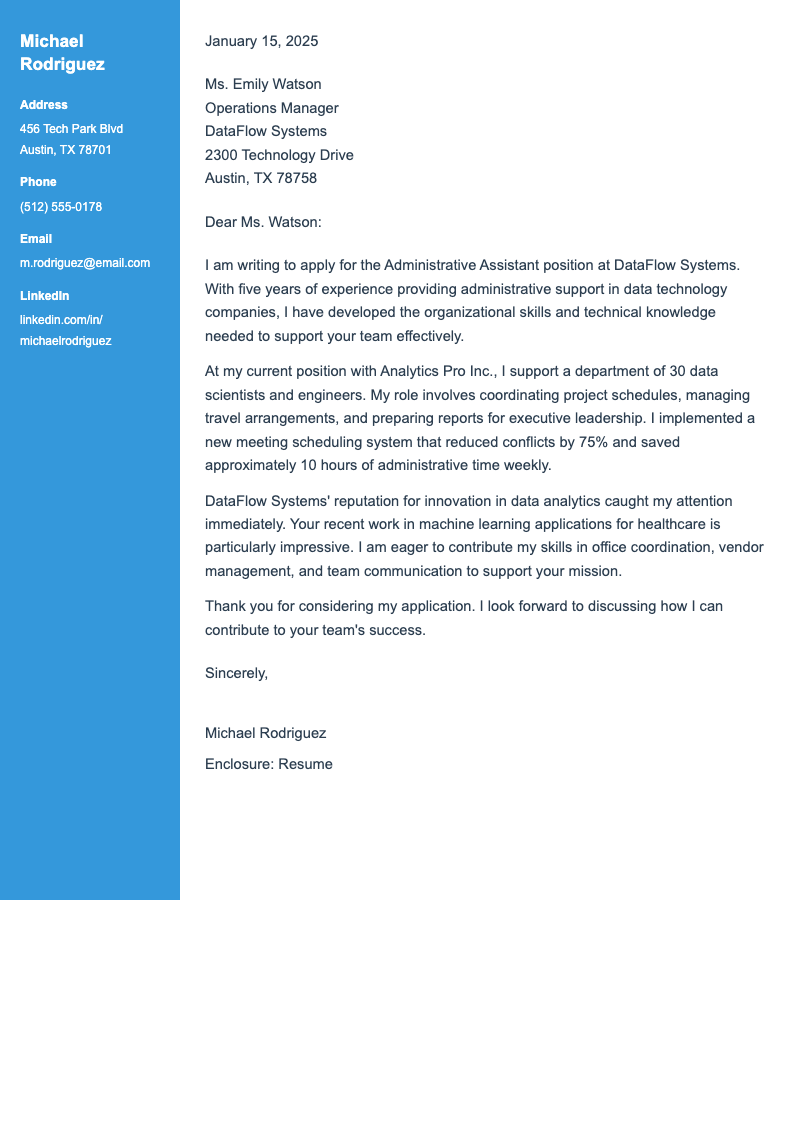 Sidebar layout administrative assistant cover letter