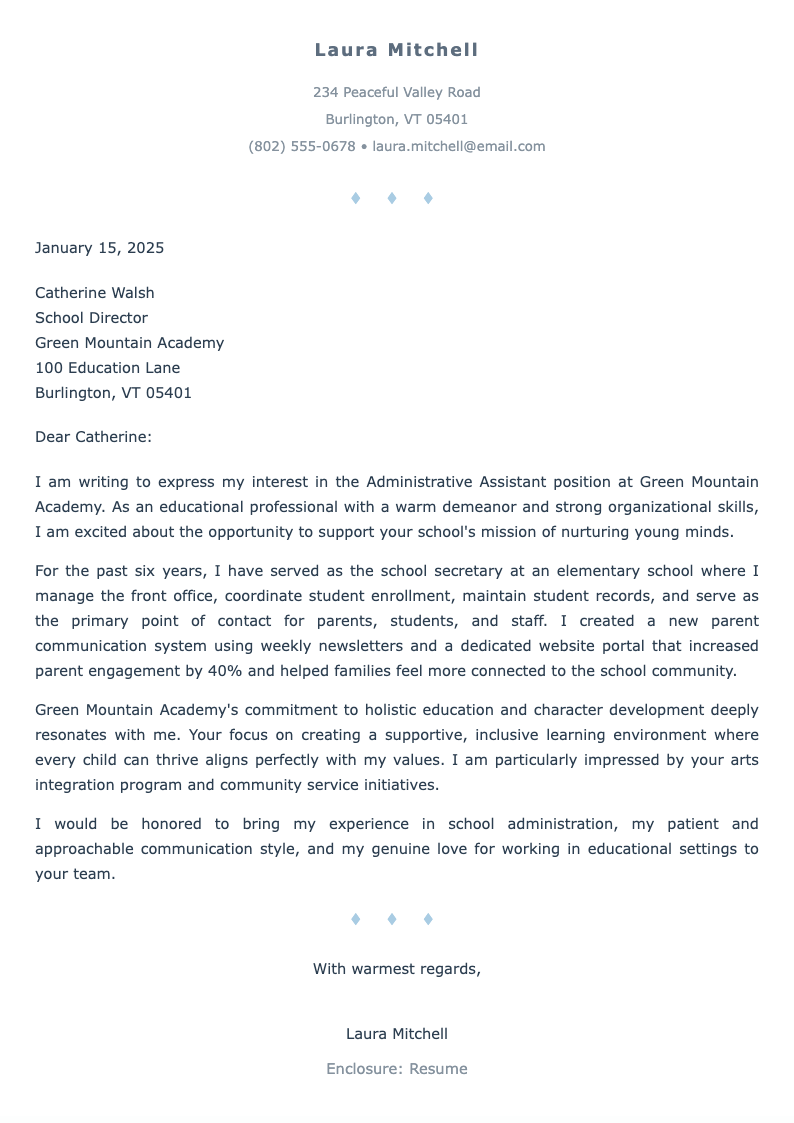 Soft minimalist administrative assistant cover letter