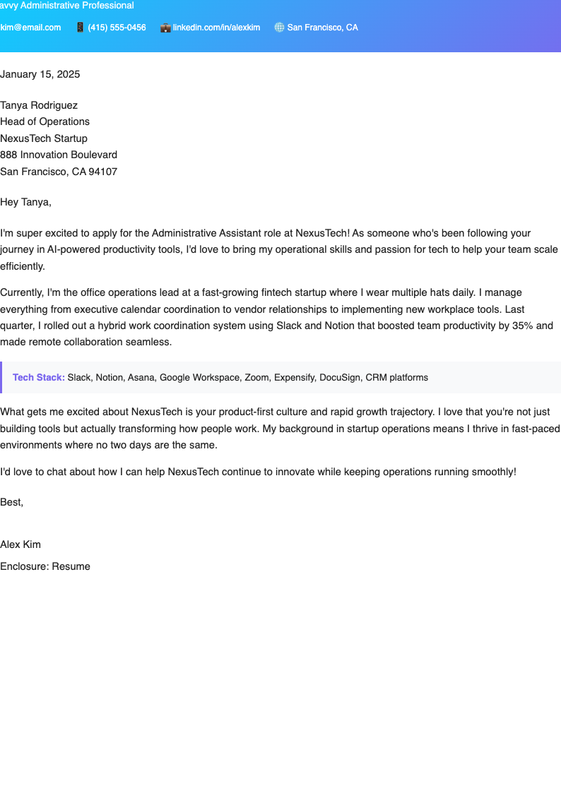 Tech startup administrative assistant cover letter