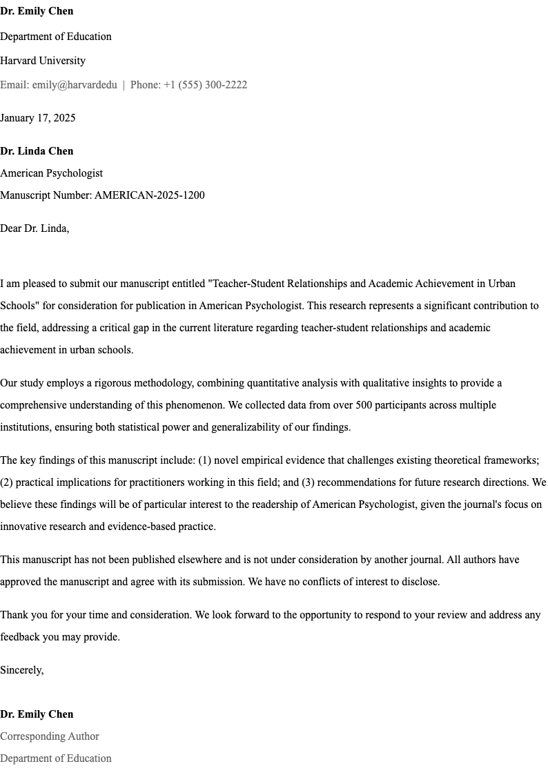 Classic academic APA cover letter