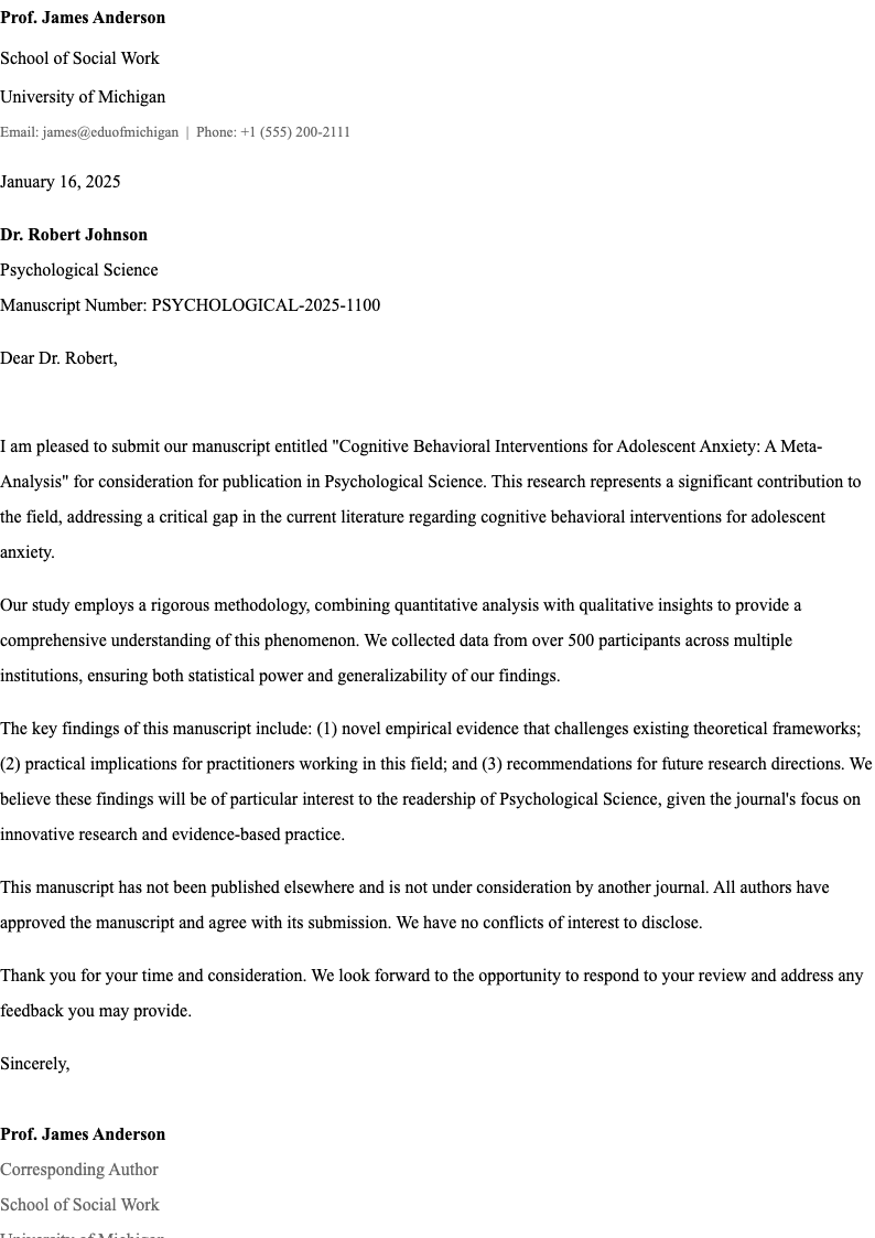 Graduate student submission APA cover letter