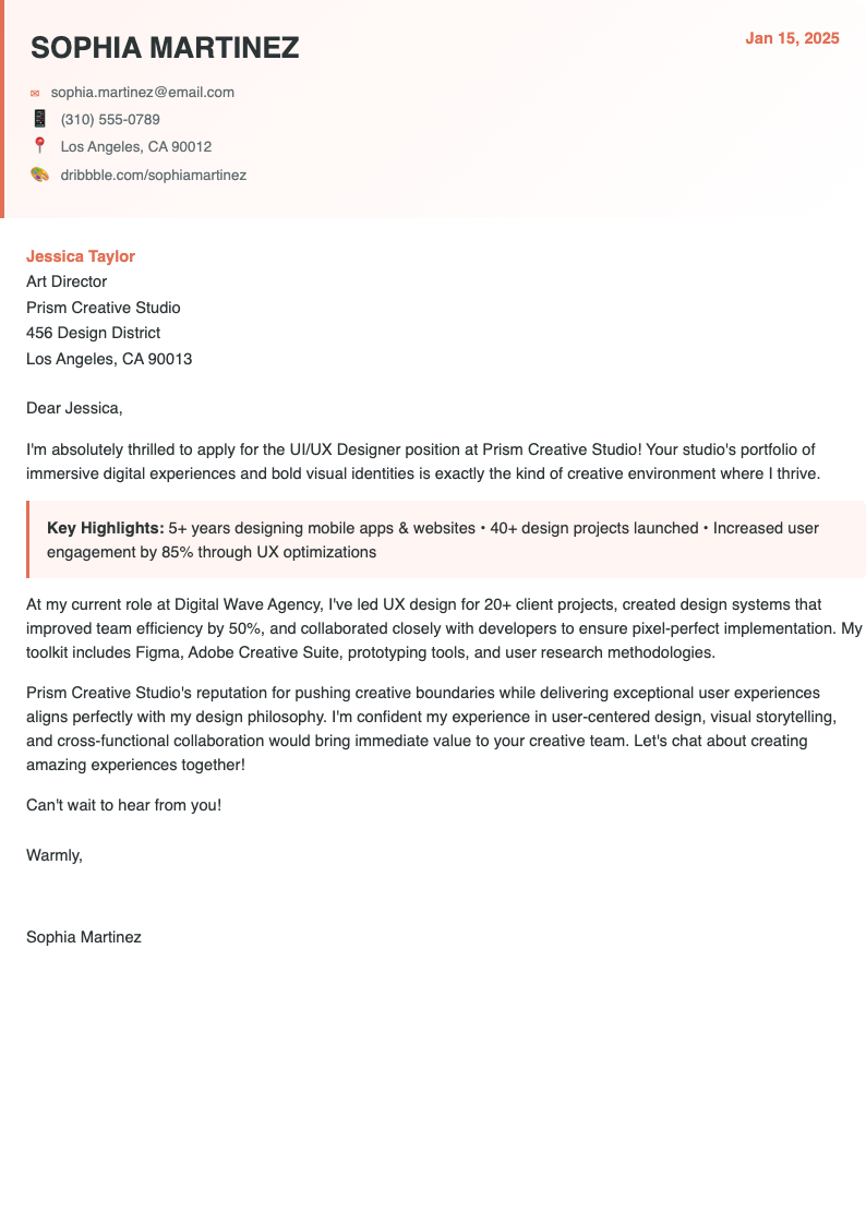 Creative colorful short cover letter