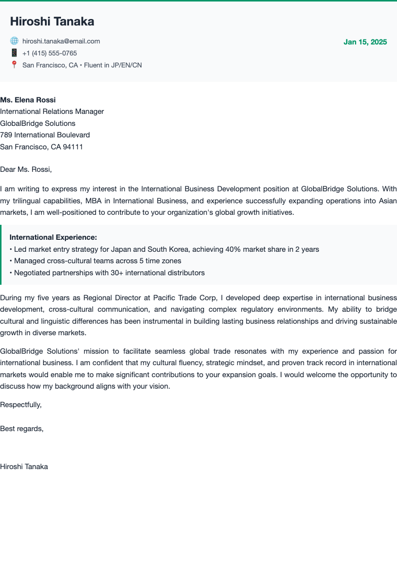 Global professional short cover letter