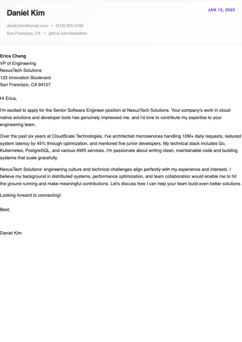 Sleek modern short cover letter