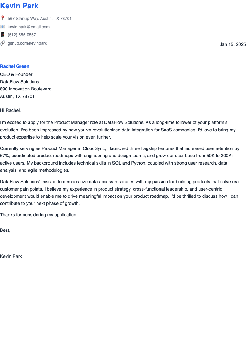 Tech startup short cover letter