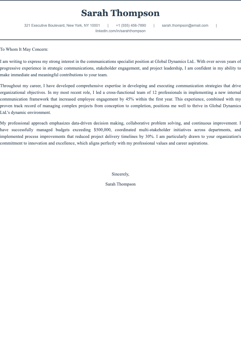 Centered header cover letter