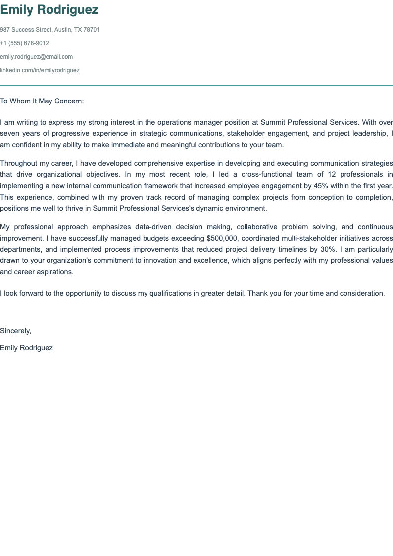 Clean teal accent cover letter