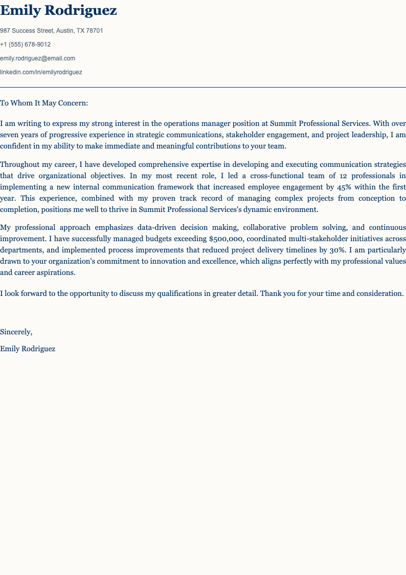 Executive navy cover letter