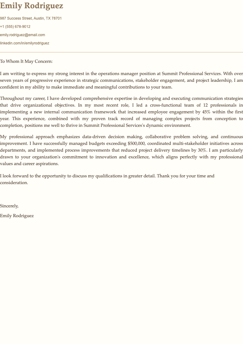 Warm neutral cover letter