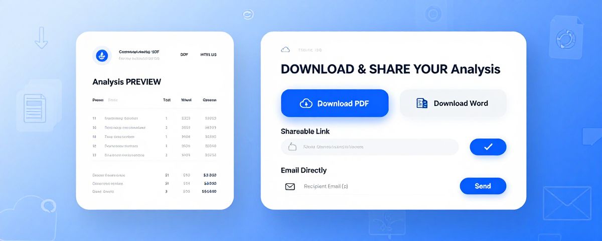 Export options showing PDF, Word, and presentation format downloads for analysis reports