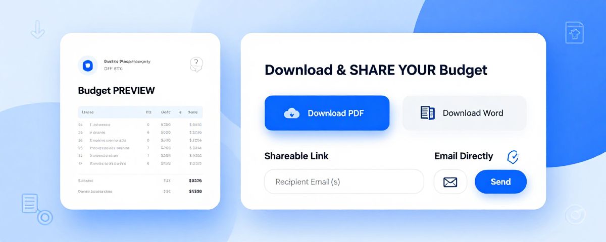Export options panel showing PDF download capability with professional formatting, print-ready layouts, and secure sharing features for budget reports