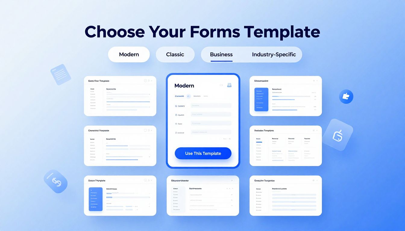 Form template gallery with contact forms, registration forms, order forms and HTML form designs