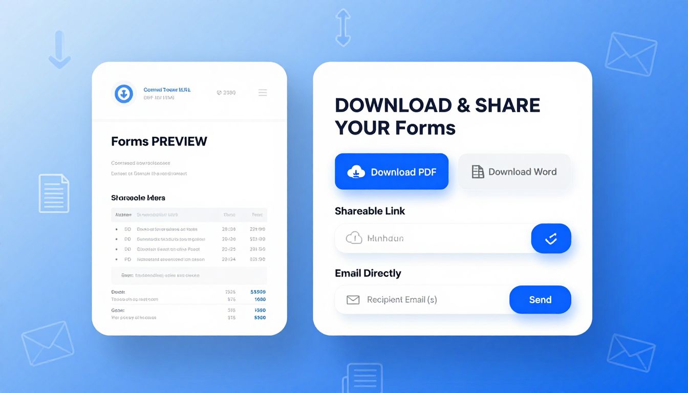 Export options showing HTML, PHP, CSS, and JavaScript code downloads for online forms