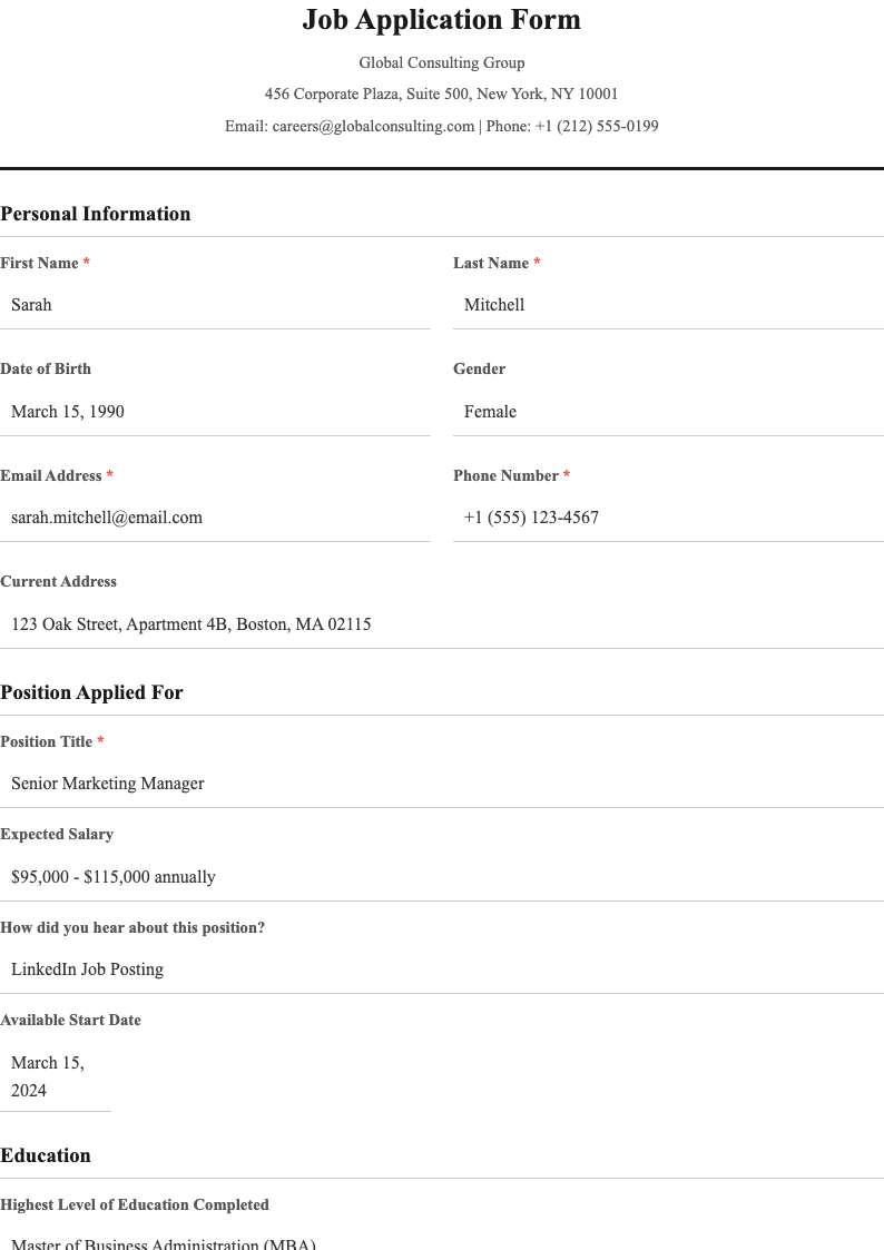 Classic professional application form