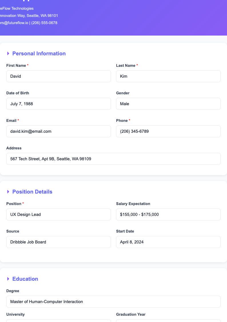 Digital modern application form