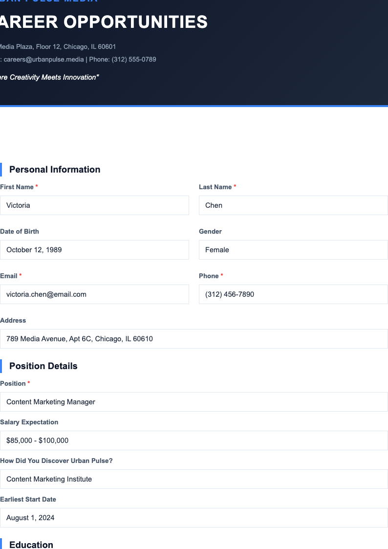 Header focused application form