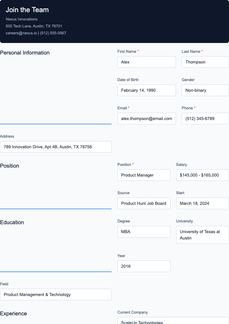 Tech startup application form