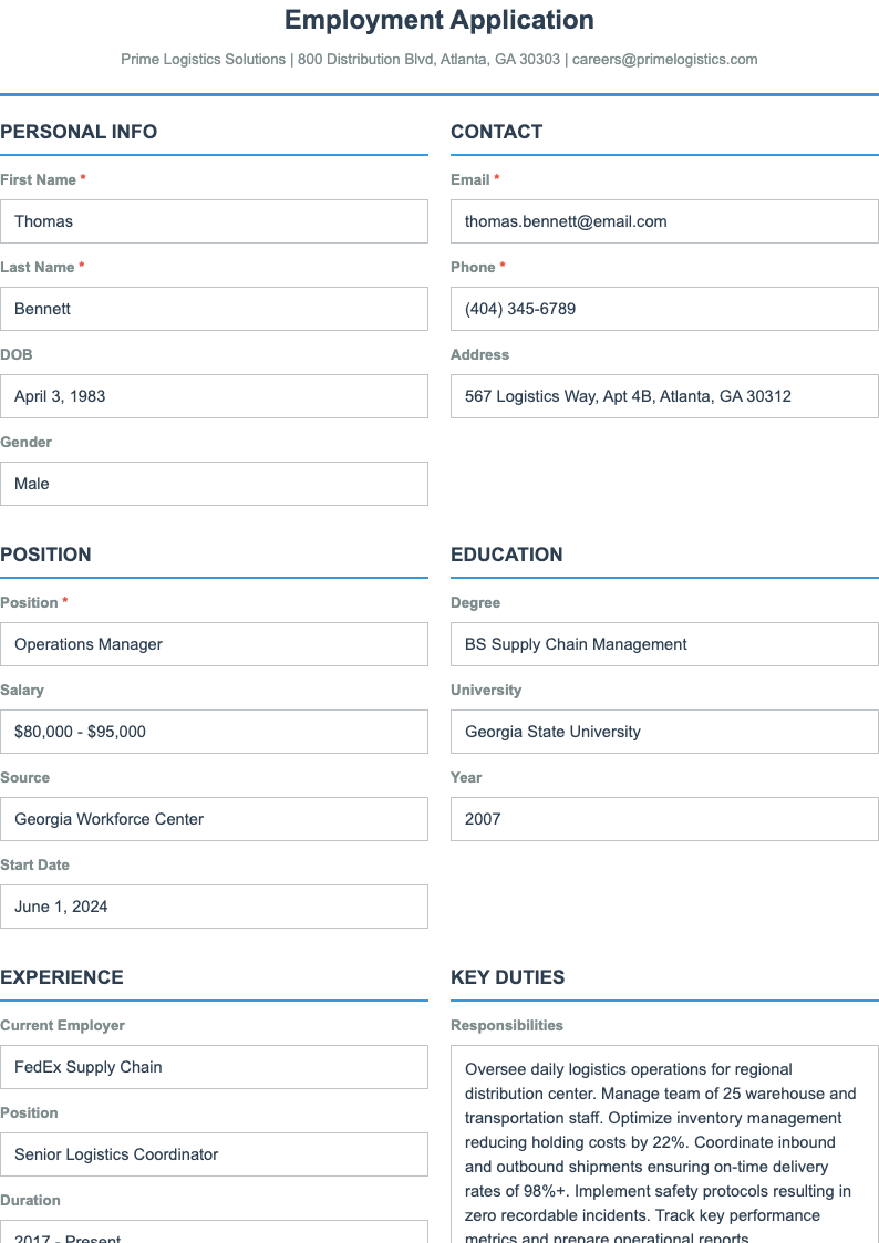 Two column application form