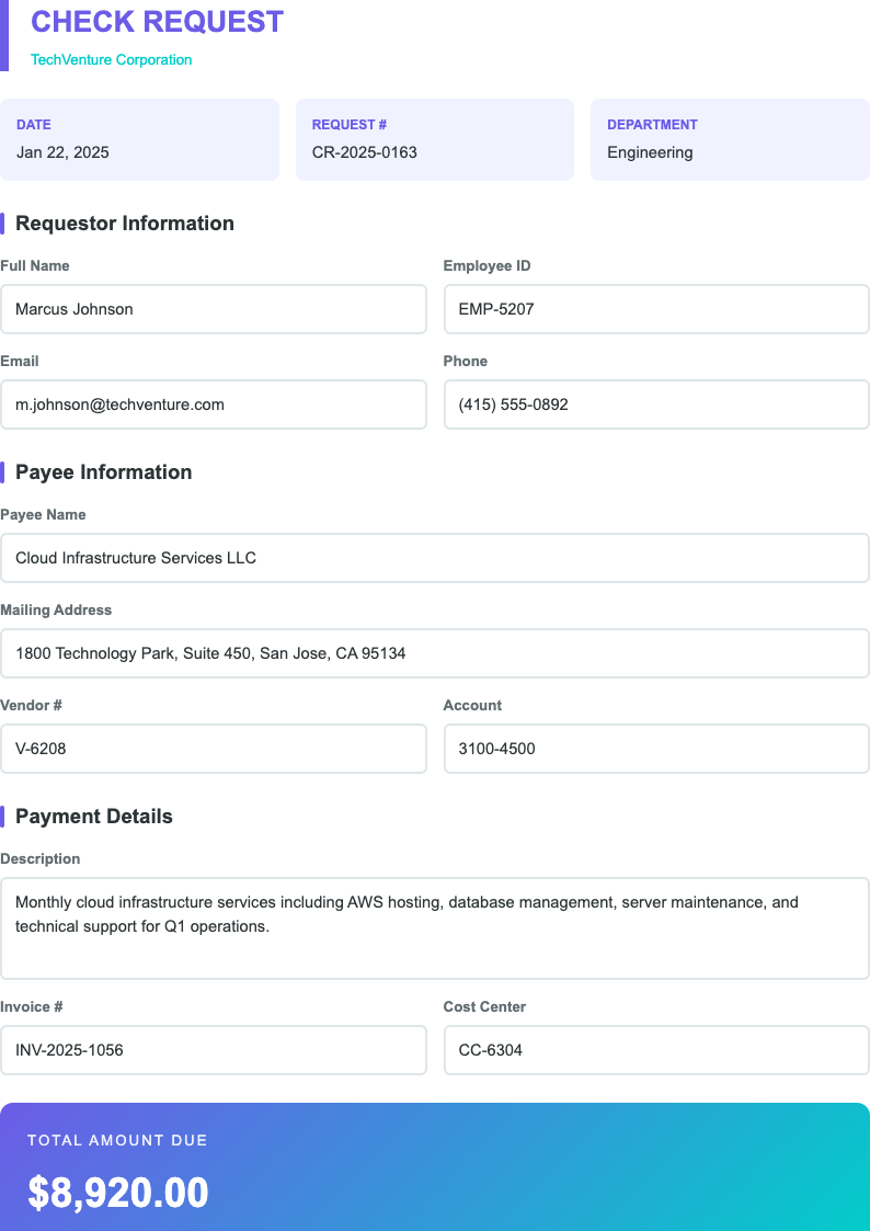Bold contemporary check request form