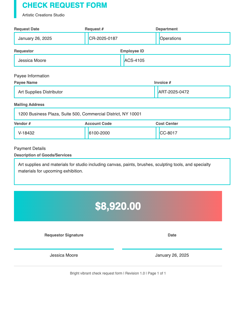 Bright vibrant check request form