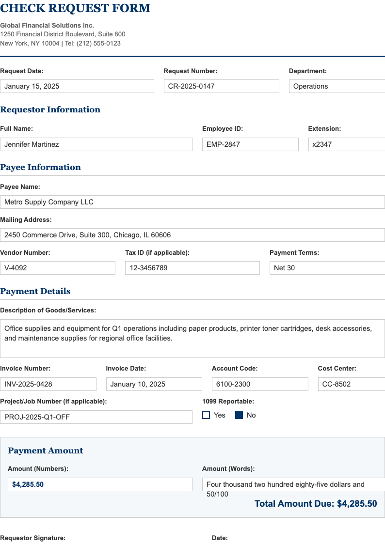Classic professional check request form