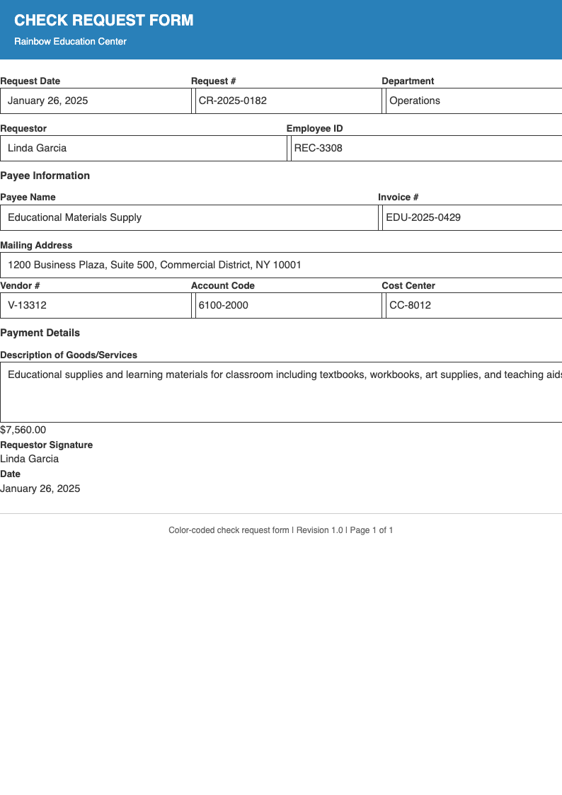 Color coded check request form