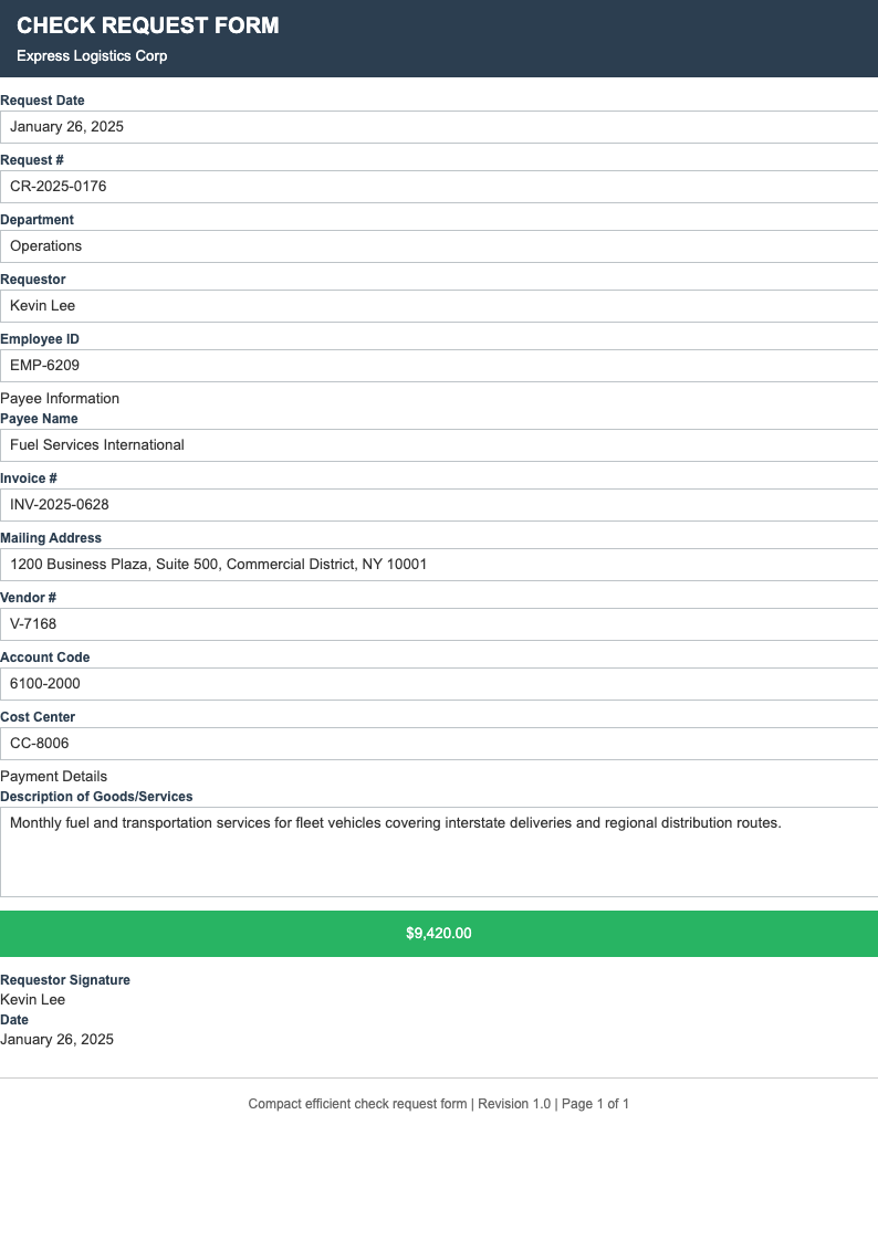 Compact efficient check request form