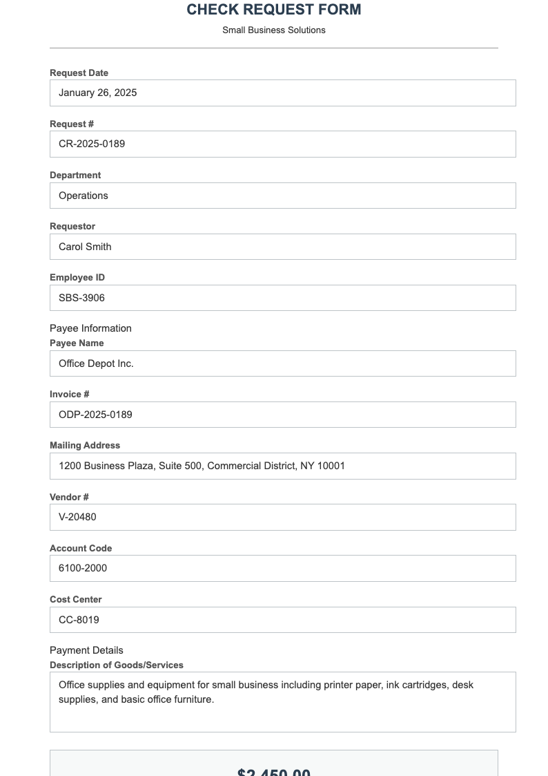 Focused single section check request form