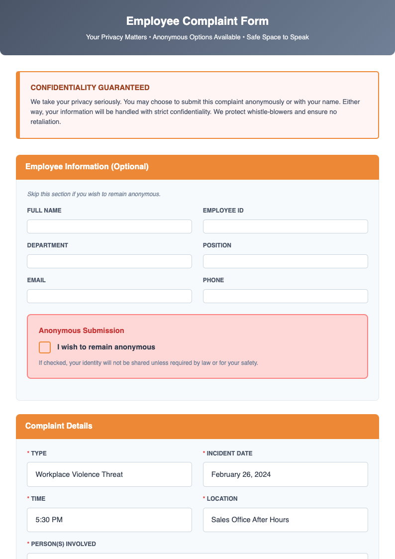 Anonymous employee complaint form
