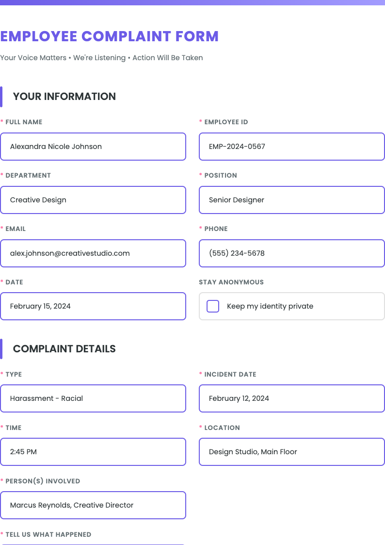 Bold contemporary employee complaint form