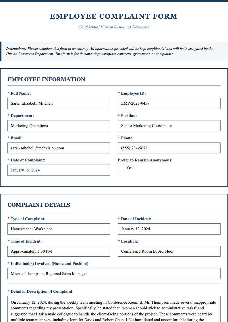 Classic professional employee complaint form