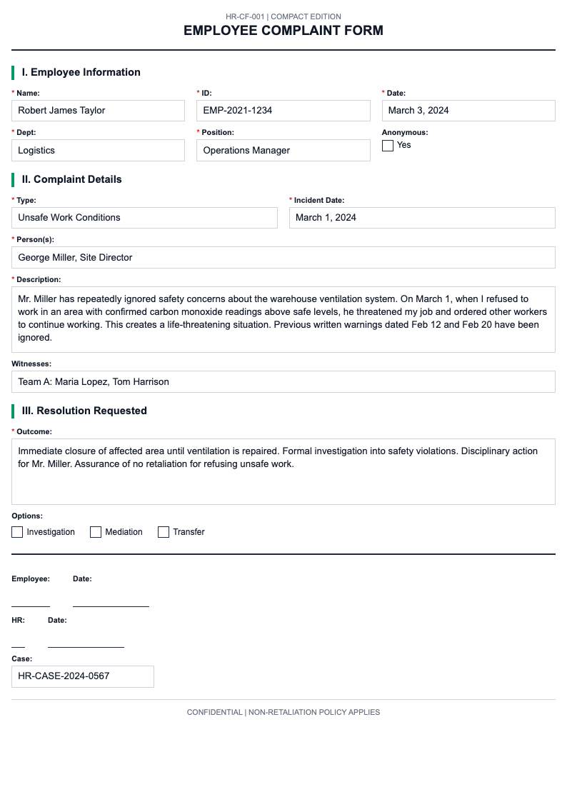 Compact employee complaint form