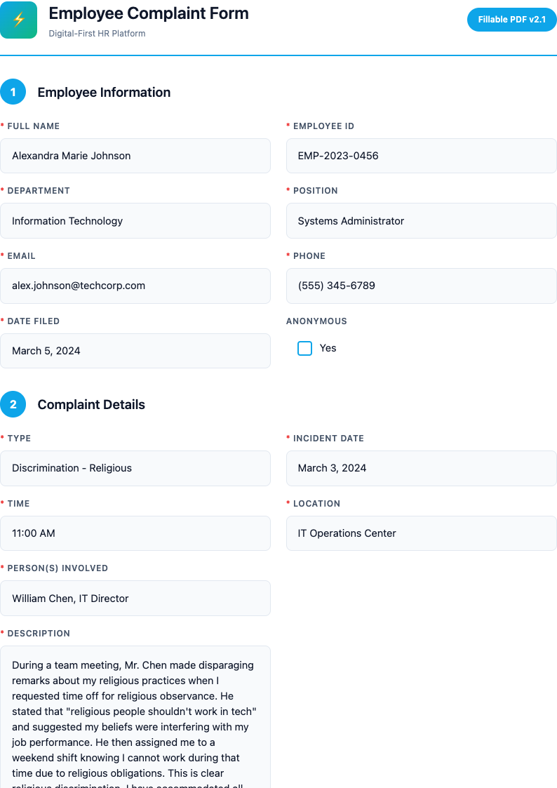 Digital friendly employee complaint form