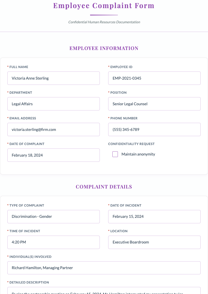 Elegant refined employee complaint form