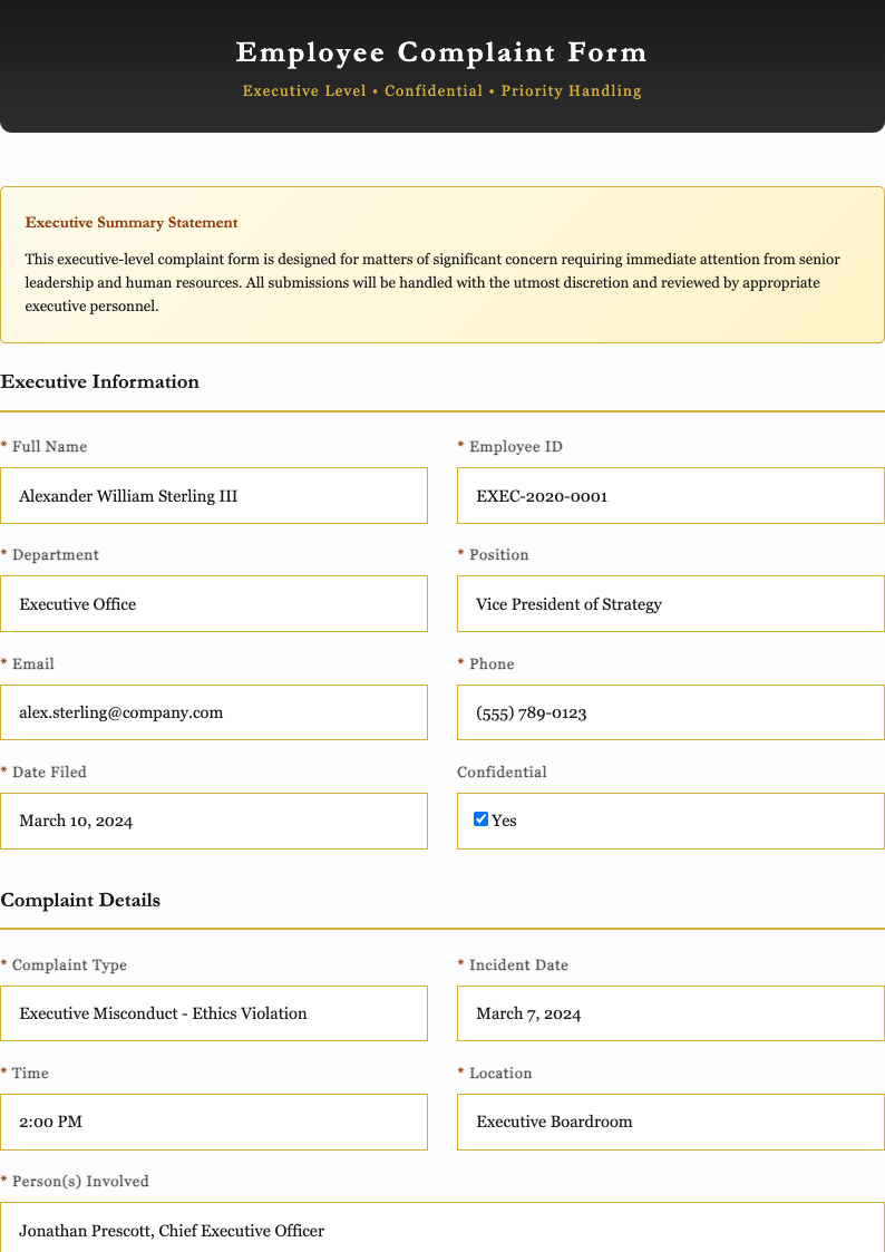 Executive summary employee complaint form