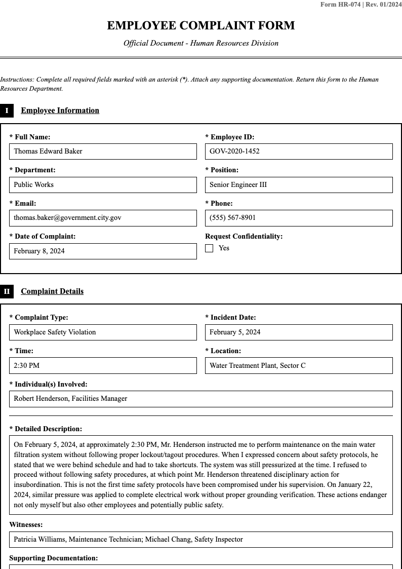 Formal government employee complaint form