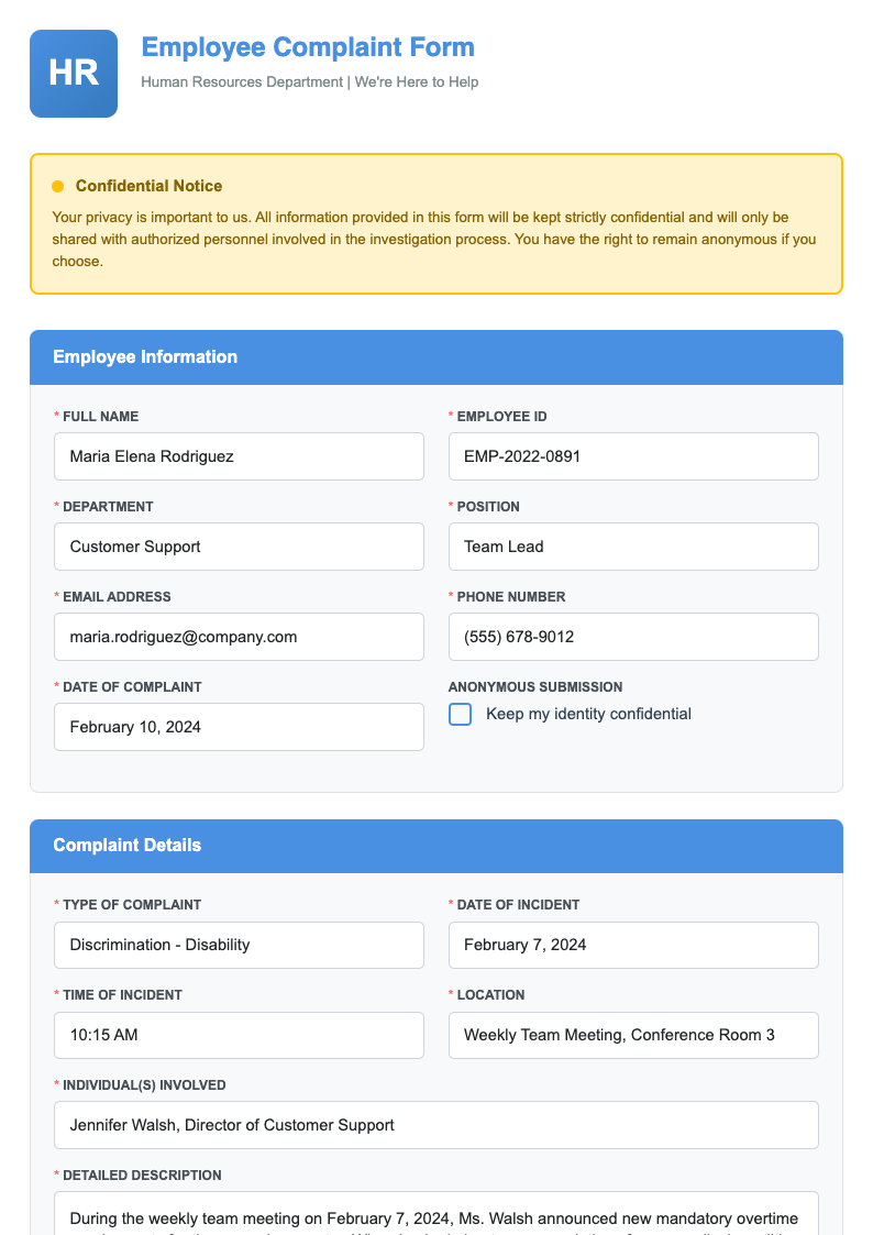 HR department employee complaint form