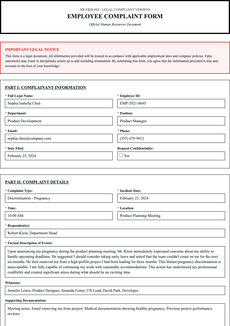 Legal compliant employee complaint form