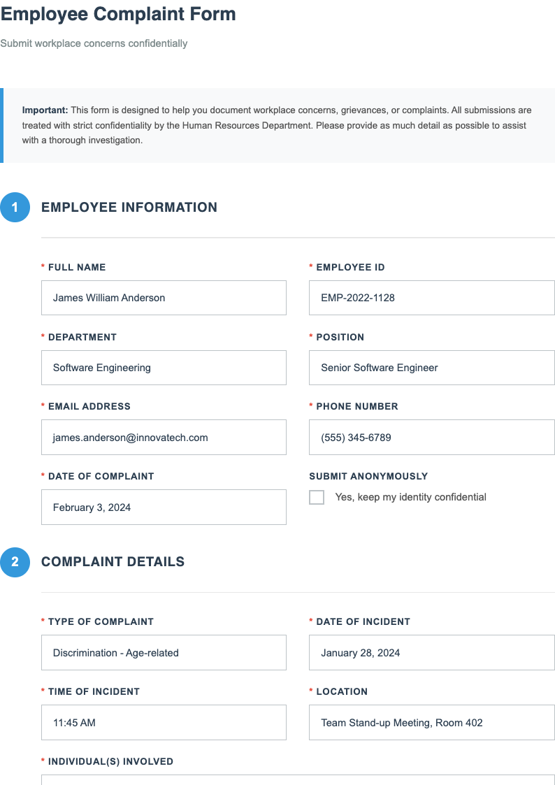 Modern minimalist employee complaint form