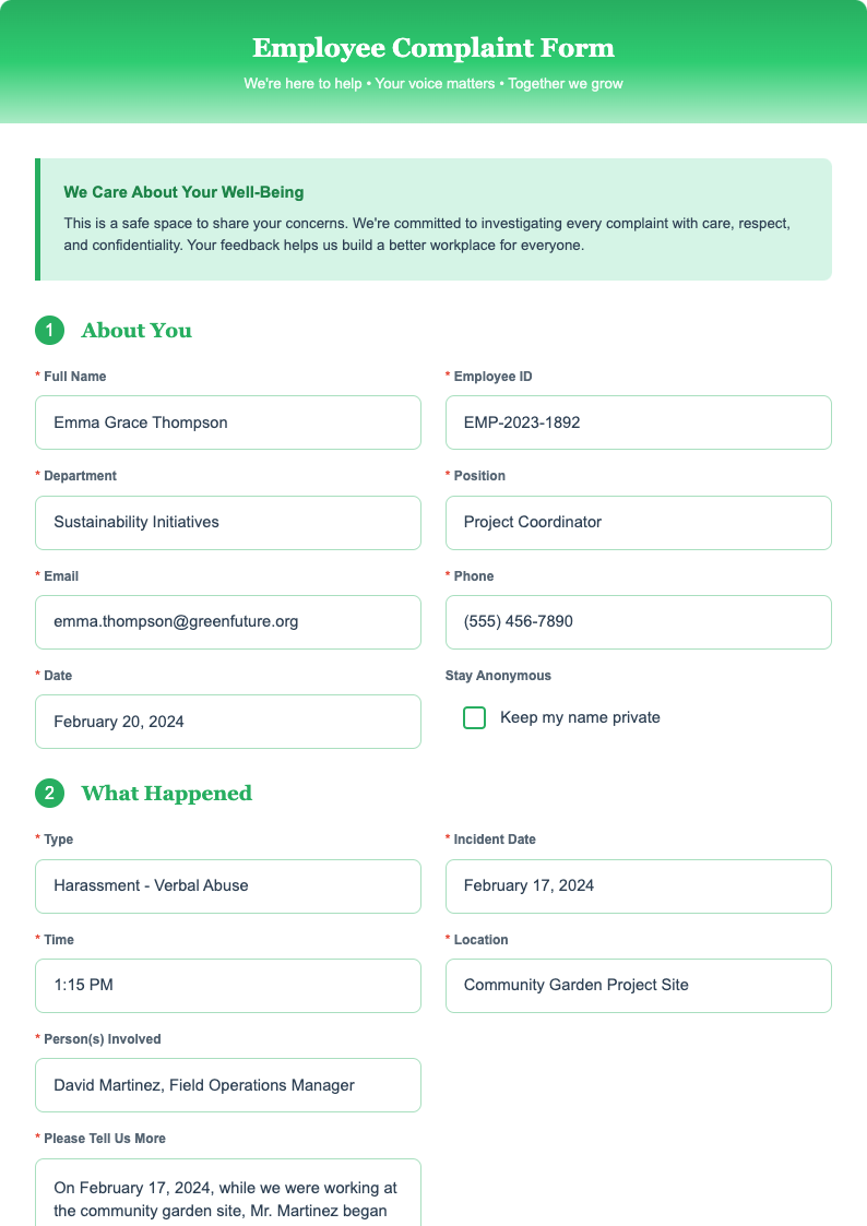 Nature inspired employee complaint form