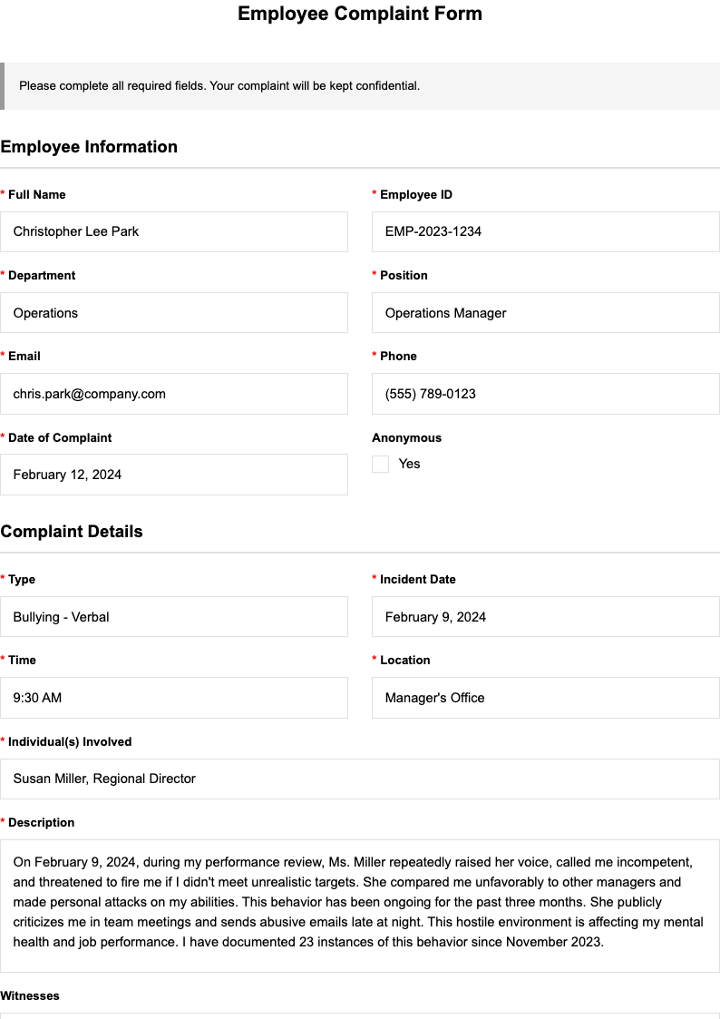 Simple clean employee complaint form
