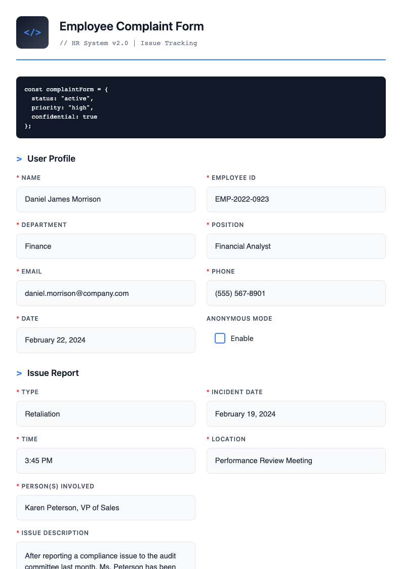 Tech startup employee complaint form