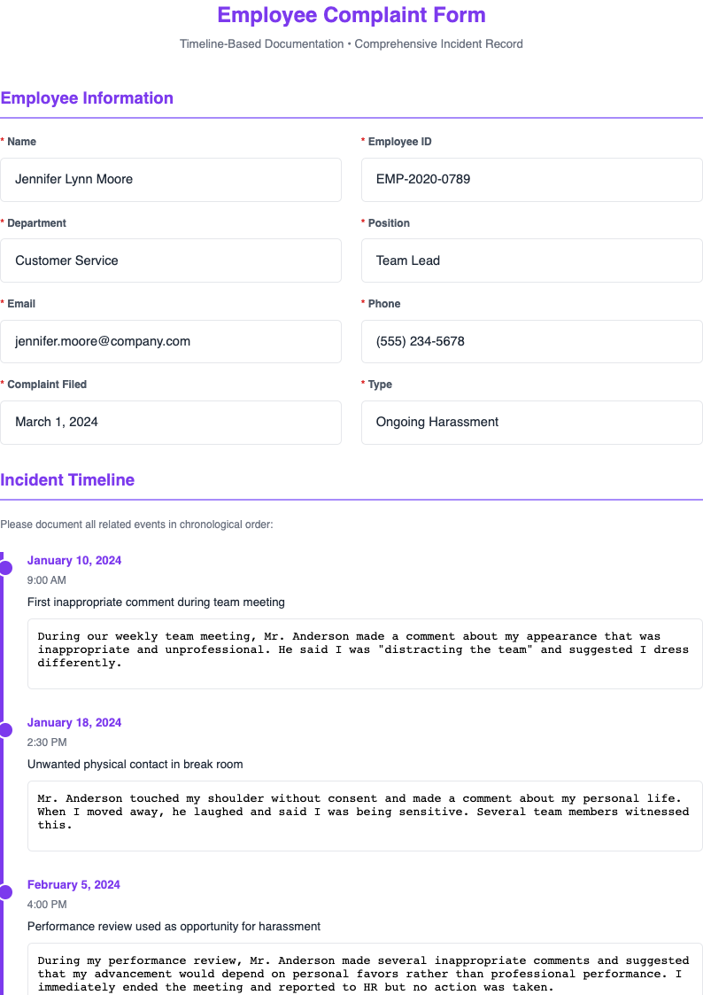 Timeline based employee complaint form