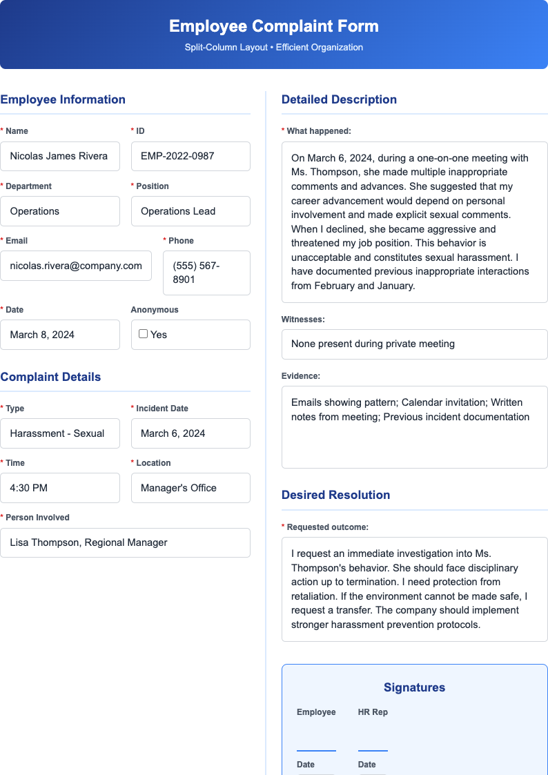 Two column employee complaint form