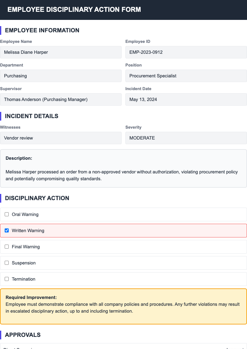 Centered header employee discipline form