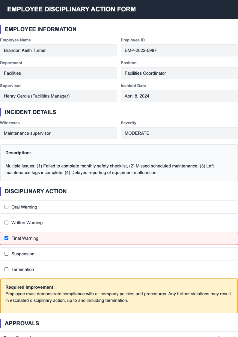 Checklist style employee discipline form